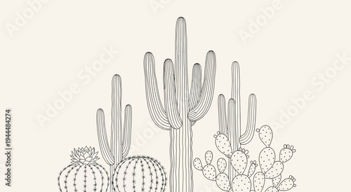 Minimalist black and white line art illustration of diverse desert cacti. Botanical drawing of succulent plants in arid environment.