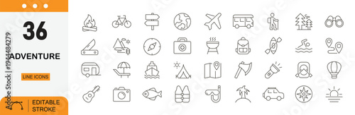 Adventure line icons set. Outdoor travel, exploration, and activity symbols collection. Mountain, hiking, journey. Editable stroke.