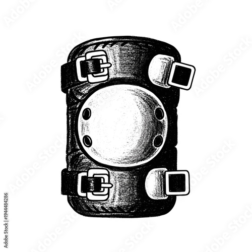Vintage style black and white illustration of a single protective knee pad with straps and buckles
