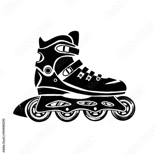 Black and white illustration of an inline skate with four wheels and laces