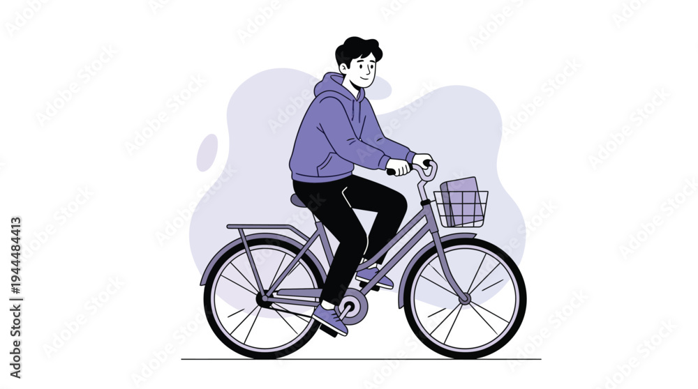 Naklejka premium Happy Young Man Riding Bicycle with Basket, Promoting Eco-Friendly Urban Transport and Healthy Lifestyle
