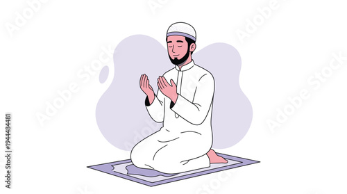 Young Muslim Man in Traditional White Attire Kneeling on a Prayer Mat with Hands Raised in Spiritual Supplication and Devotion.