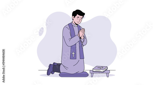 Catholic Priest Kneeling in Prayer, Holding Rosary Beads Next to Holy Bible, Representing Faith and Religious Devotion