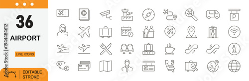 Airport line icons set. Air travel, aviation, and transportation symbols collection. Plane, terminal, departure. Editable stroke.