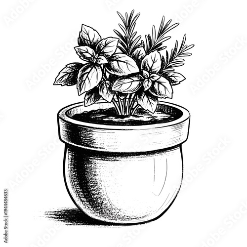 Hand-drawn illustration of basil and rosemary plants growing in a ceramic pot