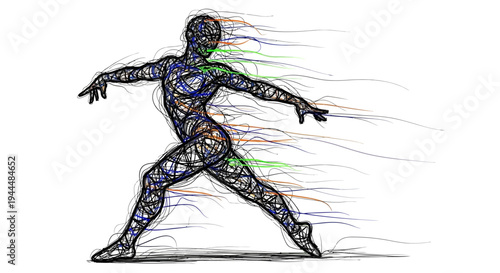 Dynamic abstract human figure illustration with flowing colorful energy lines, representing digital connection, motion, and artistic expression.