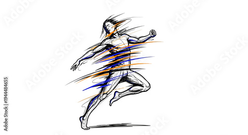 Abstract dynamic sketch illustration of a person sprinting with motion blur, representing speed, energy, and agility.