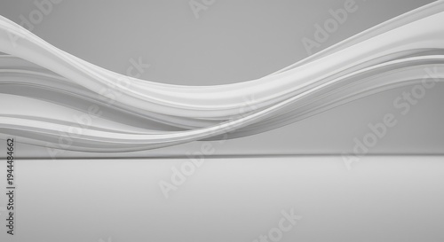 Flowing white and gray abstract forms moving across a large empty space, creating a dynamic background texture for potential design, gray, flow, clean