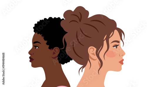 Multicultural women portraits in profile. Diverse female characters with different hairstyles and skin tones. Women diversity and representation concept. Modern flat vector illustration.