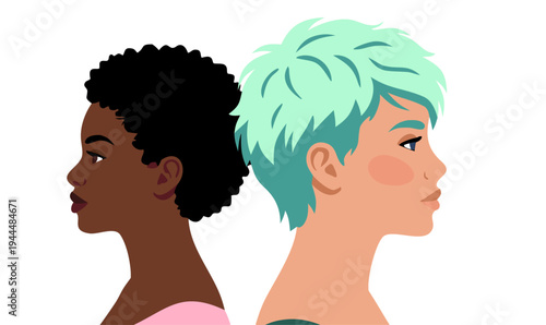 Multicultural women portraits in profile. Diverse female characters with different hairstyles and skin tones. Women diversity and representation concept. Modern flat vector illustration.
