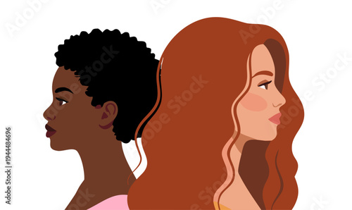 Multicultural women portraits in profile. Diverse female characters with different hairstyles and skin tones. Women diversity and representation concept. Modern flat vector illustration.