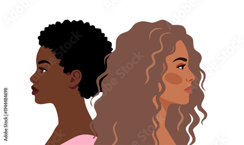 Multicultural women portraits in profile. Diverse female characters with different hairstyles and skin tones. Women diversity and representation concept. Modern flat vector illustration.