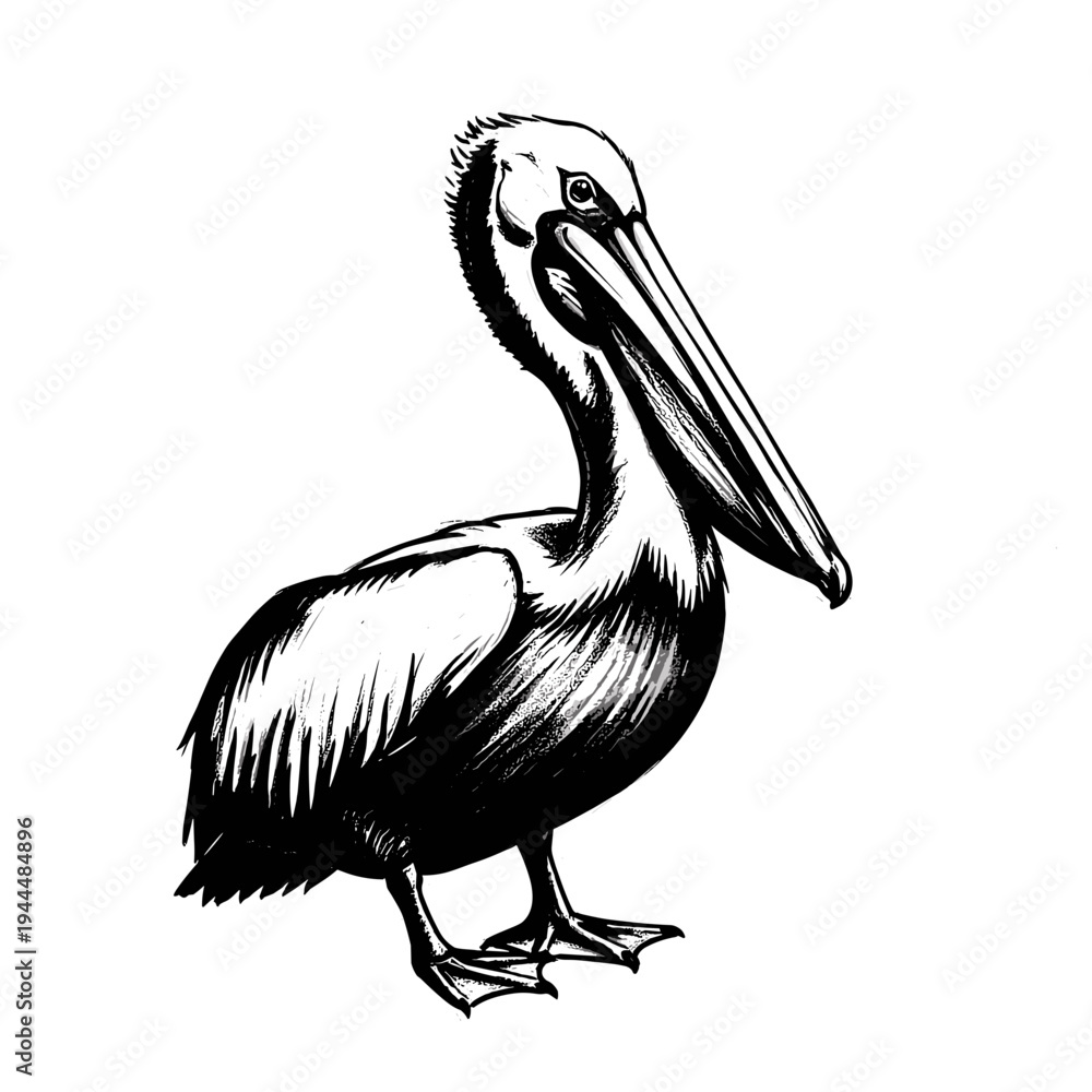Fototapeta premium Detailed black and white illustration of a pelican standing on a white background