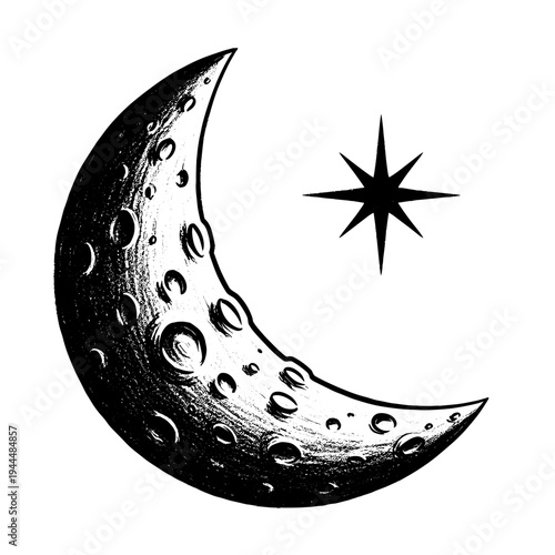 Crescent moon with craters and a star in a vintage, hand-drawn style