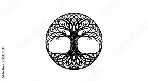 Intricate black and white Tree of Life illustration within a circle, symbolizing growth, connection, nature, and spirituality