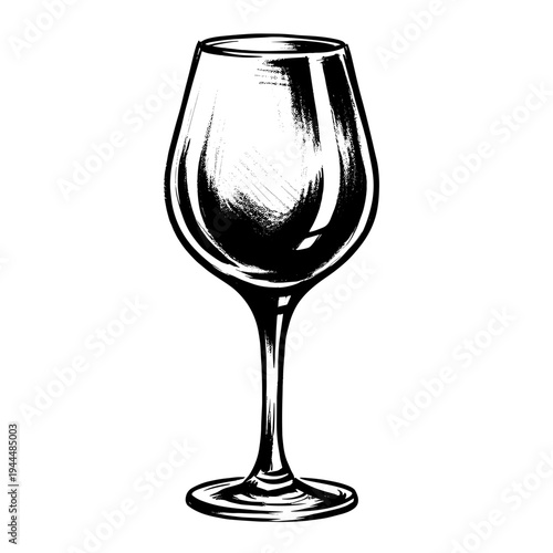 Elegant black and white sketch of a wine glass with textured shading on a white background