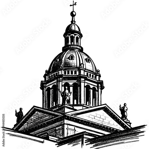 Detailed ink sketch of a grand dome building with classical architectural elements and statues