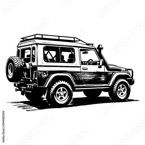 Classic off-road vehicle with roof rack and spare tire, black and white sketch