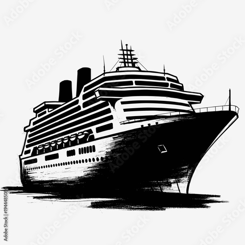 Stylized black and white illustration of a large cruise ship sailing on the water