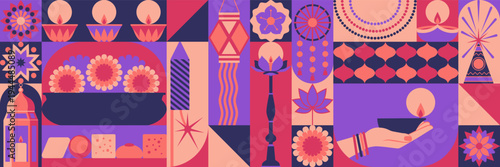 Happy Diwali festival of lights celebration banner with flat colorful Holiday icons of traditional objects and decorations