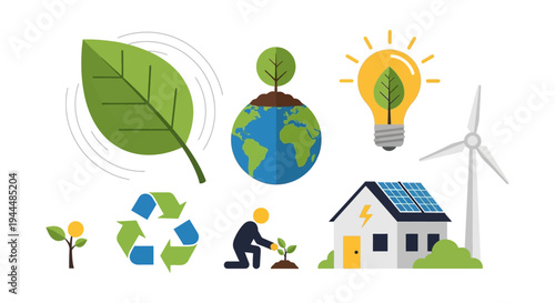 Sustainable Energy and Environmental Protection Icons: Green Living, Renewable Power, and Eco-Friendly Solutions Set