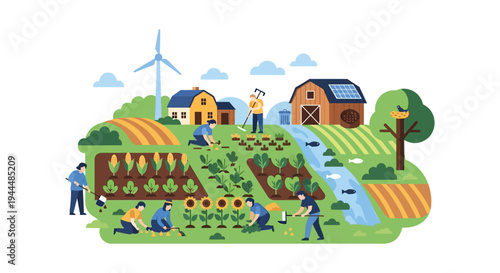 Sustainable Farm Life Illustration: Farmers Cultivating Crops, Harvesting, and Utilizing Green Energy in a Rural Landscape