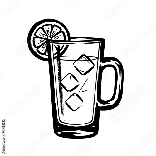 Hand-drawn illustration of a refreshing iced drink with a lemon slice and ice cubes in a tall glass