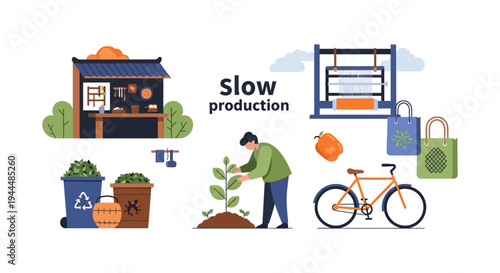 Slow Production and Sustainable Living Concept. Handcrafts, Eco-Friendly Practices, Recycling, Organic Farming, and Green Lifestyle Elements.