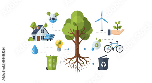 Tree of Sustainability Ecosystem: Green Energy, Eco-Friendly Living, Recycling, Water & Nature Conservation Concept
