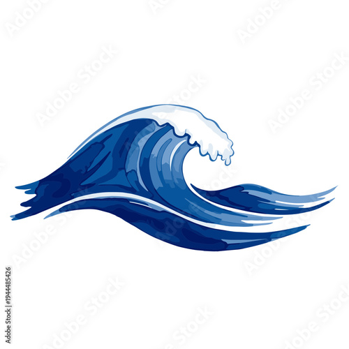 Stylized blue ocean wave with white foam cresting against a clean white background