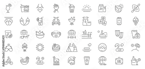 Summer and pool icons set. line, editable line icons, beach, vacation symbols
