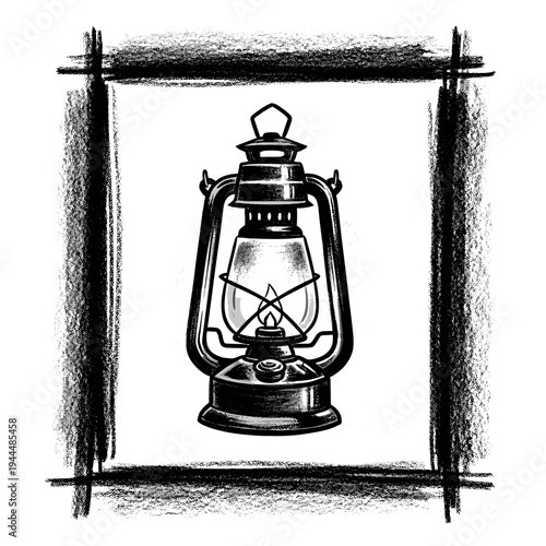 Vintage kerosene lantern with a lit flame, framed by rough charcoal strokes