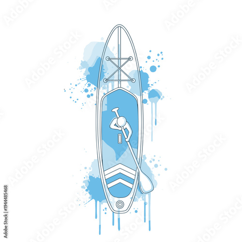 Stylized illustration of a person paddleboarding with blue watercolor splashes and drips
