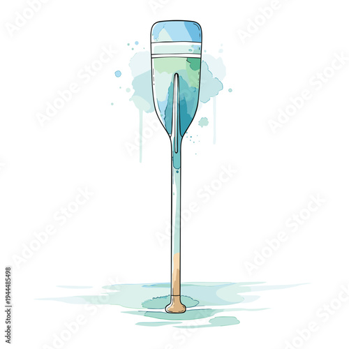 Watercolor illustration of a canoe paddle with blue and green tones on a white background