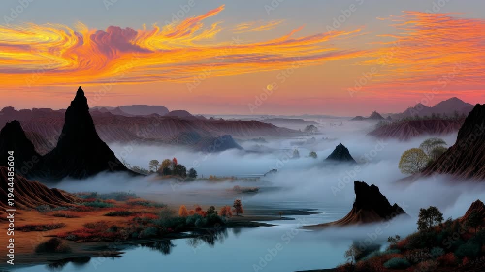 custom made wallpaper toronto digitalScenic vista of mountains with atmospheric fog, colorful sky, serene lake, and lush vegetation