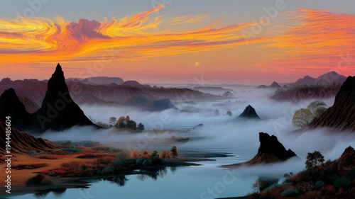 Wallpaper Mural Scenic vista of mountains with atmospheric fog, colorful sky, serene lake, and lush vegetation Torontodigital.ca