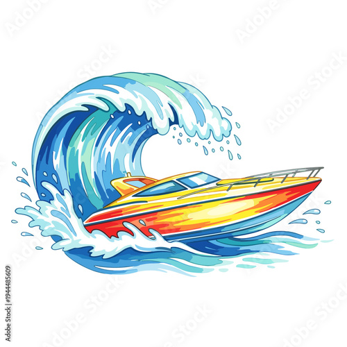 Speedboat racing through a large ocean wave with dynamic splashes and motion