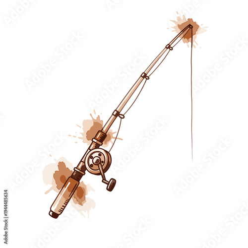 Hand-drawn fishing rod with reel and line, isolated on white background with coffee stains