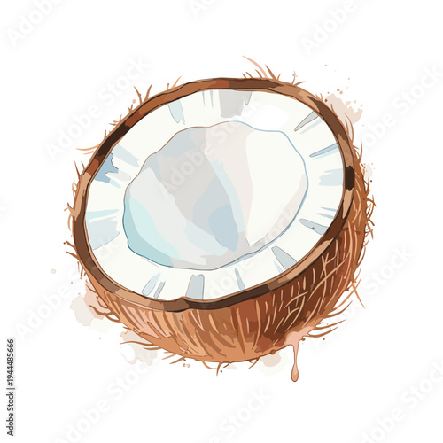 Watercolor illustration of a halved coconut with its white flesh and brown fibrous husk