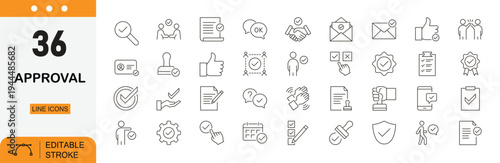 Approval line icons set. Verification, confirmation, and validation symbols collection. Checkmark, accept, agreement. Editable stroke.