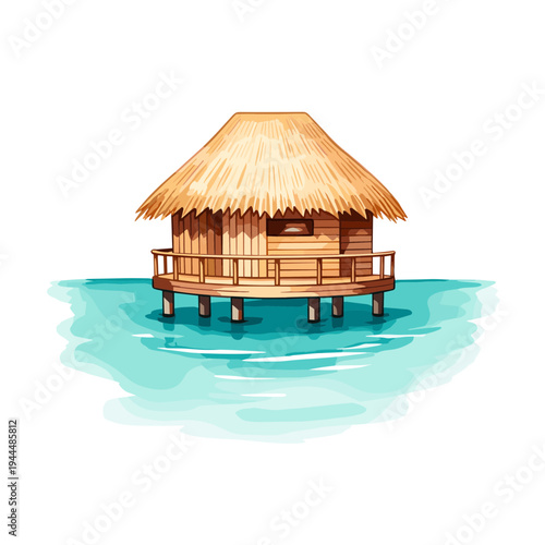 Tropical overwater bungalow with thatched roof on stilts in clear turquoise water