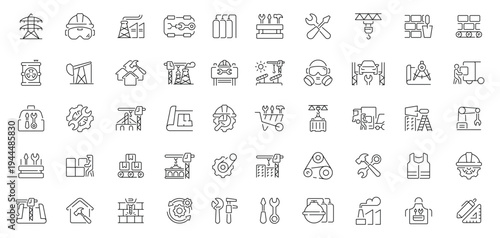 Factory and industry icons set. line, editable line icons, manufacturing and engineering