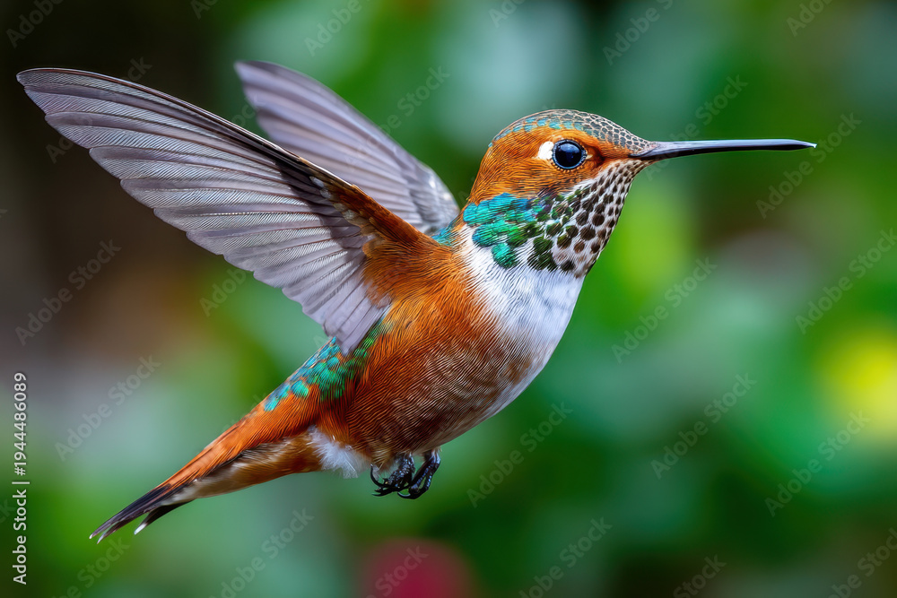 Fototapeta premium Hummingbird in flight with blurred green background