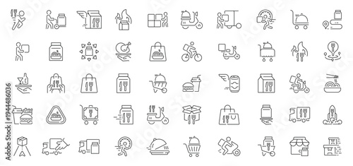 Food delivery icons set. editable line icons, outline, courier and restaurant symbols