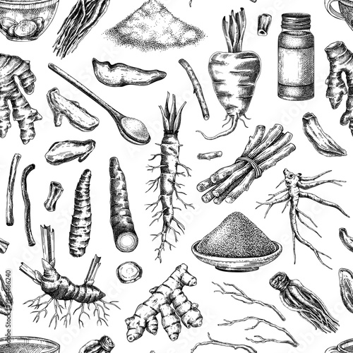 Medicinal roots seamless pattern. Herbal ingredients hand drawn vector illustration. Vintage apothecary background. NOT AI generated