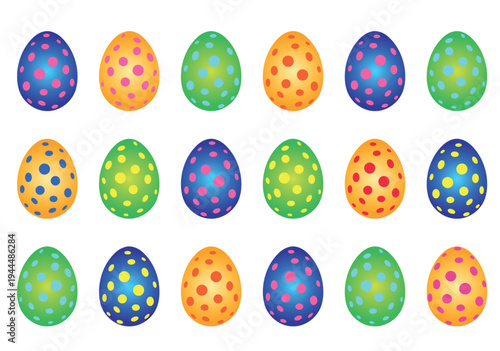 Bunt bemalte Ostereier mit Punkten in mehreren Reihen angeordnet, transparent ohne Hintergrund