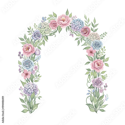Delicate floral archway with pastel roses and hydrangeas, perfect for weddings