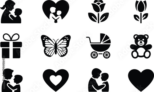 Mother and child icons, hearts, flowers, gifts, butterfly, stroller, and teddy bear