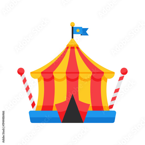 Brightly colored circus tent with red and yellow stripes and a blue flag on top