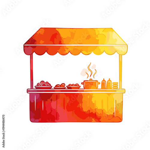 Colorful food stall illustration with steaming pot and various dishes, perfect for culinary themes